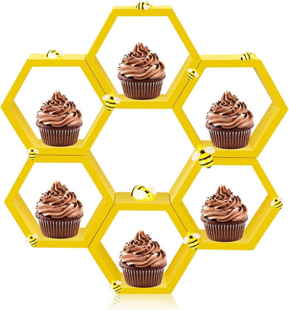 8 Pcs 4.13 Inch Honeycomb Cupcake Stand Cake Farmhouse Hexagon Display Holder Hexagonal Wood Cupcake Stand Floating Table Sign with Wooden Bee for Wedding Baby Shower Birthday Party Table Decorations