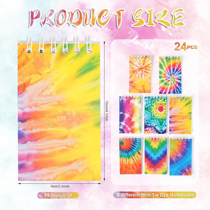OZIO 24PCS Mini Tie Dye Notepads Tie Dye Party Favors Art Party Spiral Pocket Notebooks Fun Coil Mini Notepads Teacher Classroom Supplies Bag Fillers Birthday Party Favors, 8 Style (24)