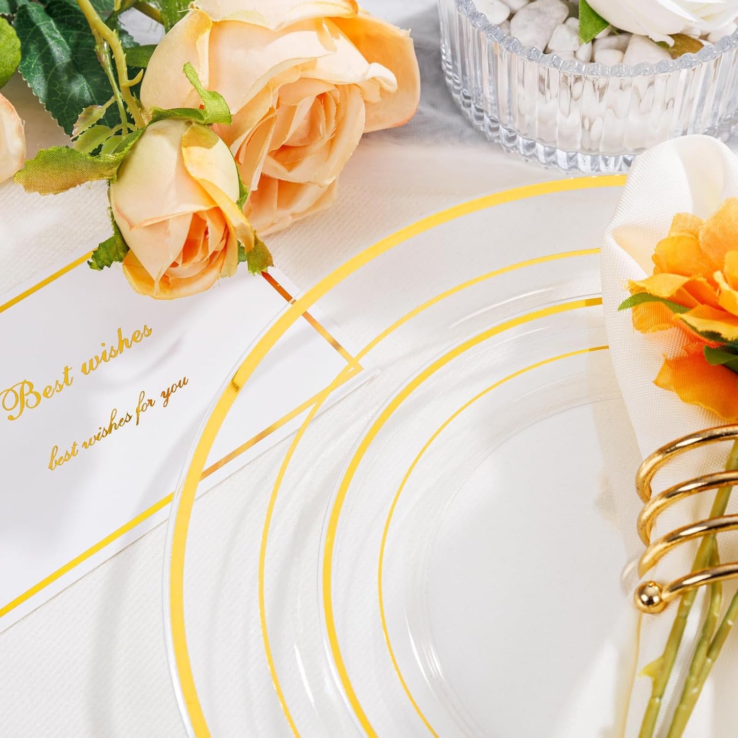 I00000 102 Pieces Gold Plastic Plates, Disposable Party Plates White Gold Rim, 51 Disposable Gold Dinner Plates 10.25 Inch and 51 Disposable Dessert Appetizer Elegant Fancy Wedding Plates 7.5 Inch