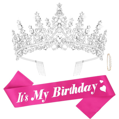 CURASA Birthday Tiara and Sash - Silver Birthday Crown for Women, Perfect for Parties and Celebrations