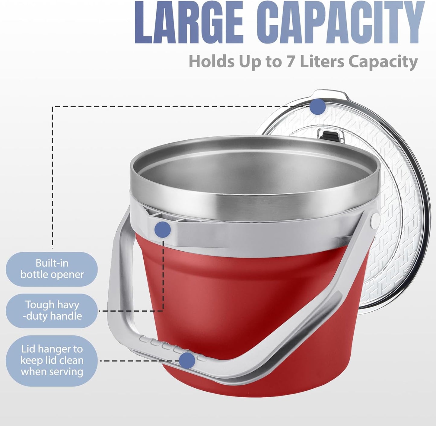 COKTIK 7L Vacuum Insulated Ice Bucket with Lid and Scoop& Tongs，Large capacity Stainless Steel Beverage Bucket for Cocktail, Champagne, Wine, Beer，Large Parties（Milk White Suit）