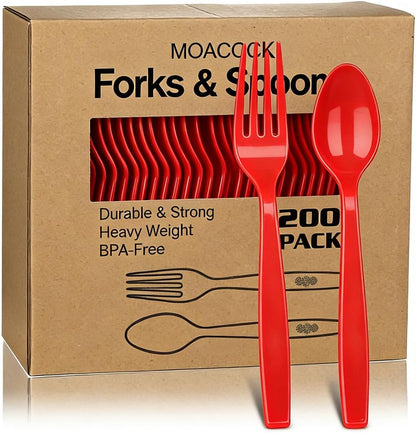 MOACOCK 200 Count Plastic Silverware, Heavy Weight Plastic Forks Spoons Disposable Utensils Cutlery Set for Wedding Party Supplies Everyday Use