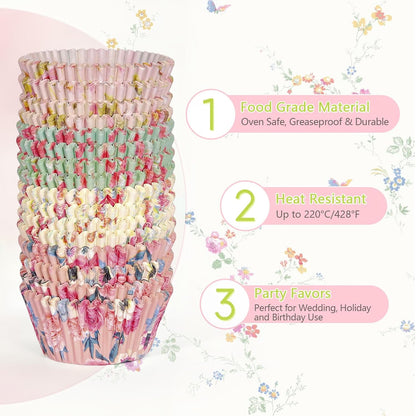 Floral Standard Cupcake Liners 400 Count Paper Baking Cups Disposable Cupcake Wrappers for Wedding and Party Baking Supplies