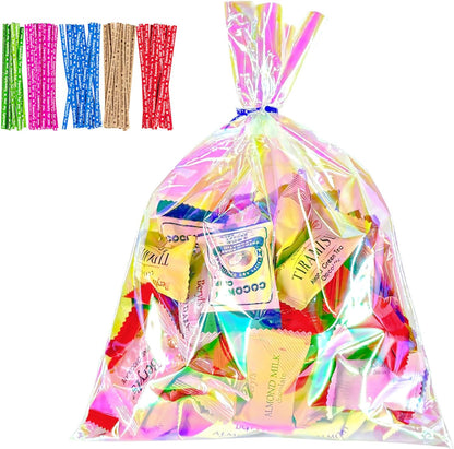 5x7 Inch Iridescent Cellophane Treat Bags with Twist Ties, Treat Bags for Candy Cookie Goodie Chocolates, And Popcorn