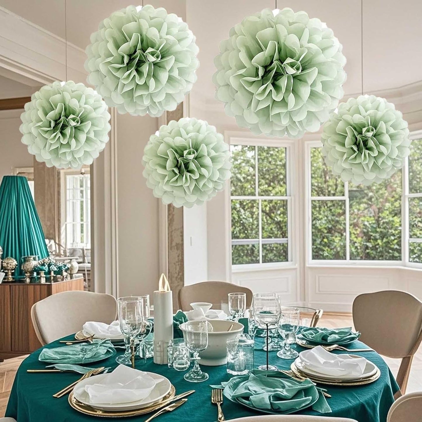 Sage Green Tissue Paper Pom Poms Flowers Balls 12 Pcs are Perfect for Party Celebrations or Any Green-Themed Event Decoration