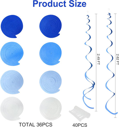 36 Pcs Blue Hanging Swirl Decorations Ombre Royal Blue White Felt Swirl Streamer Spiral Ceiling Garland for Birthday Wedding Baby Shower Graduation Under The Sea Nautical Ahoy Achor Party Supplies