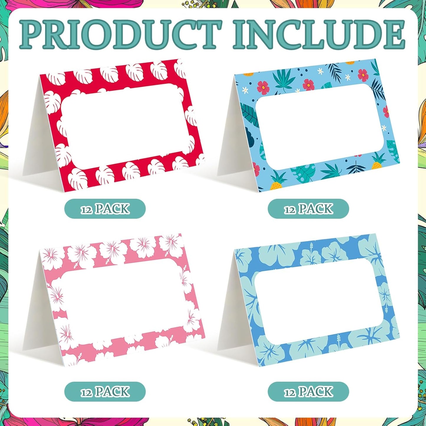 Jetec 48 Pcs Hawaiian Cartoon Place Cards Hawaii Hibiscus and Tropical Leaves Print Table Name Cards Tent Placards Buffet Food Label for Table Setting Hawaiian Themed Party Supplies