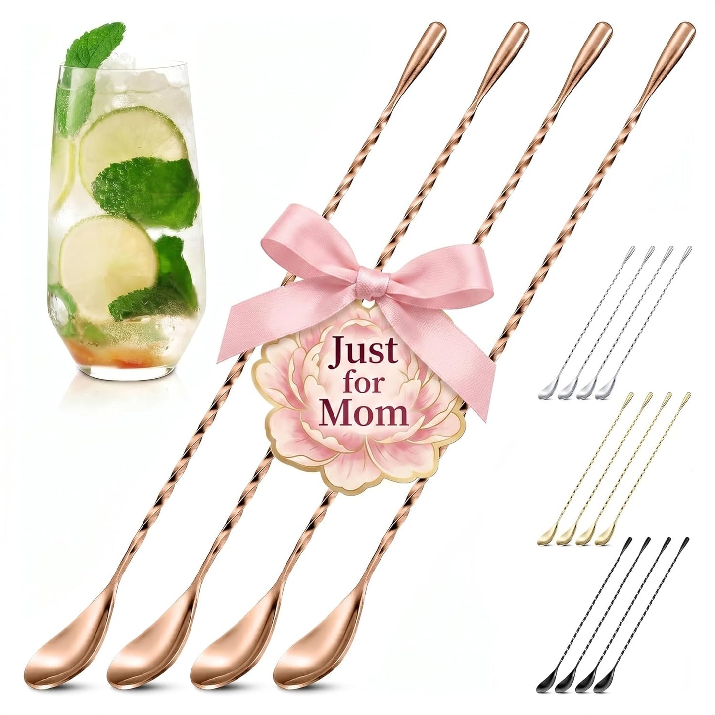 4 Pcs Bar Spoon Cocktail Mixing – Stirs Deep Glasses All the Way to the Bottom, Even Mixing & Easy Drink Layering – 12'' Long Balanced Stainless Steel Cocktail Stirrers for Drinks with Twisted Handle