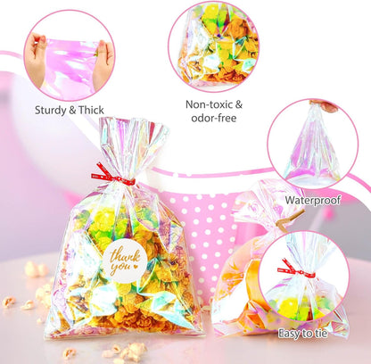 5x7 Inch Iridescent Cellophane Treat Bags with Twist Ties, Treat Bags for Candy Cookie Goodie Chocolates, And Popcorn