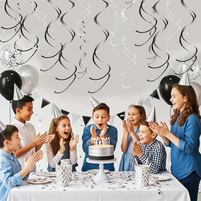 BEISHIDA Blue Blue Silver Hanging Swirls Party Decorations Plastic Streamer for Ceiling, Birthday Hanging Party Supplies, Pack of 30