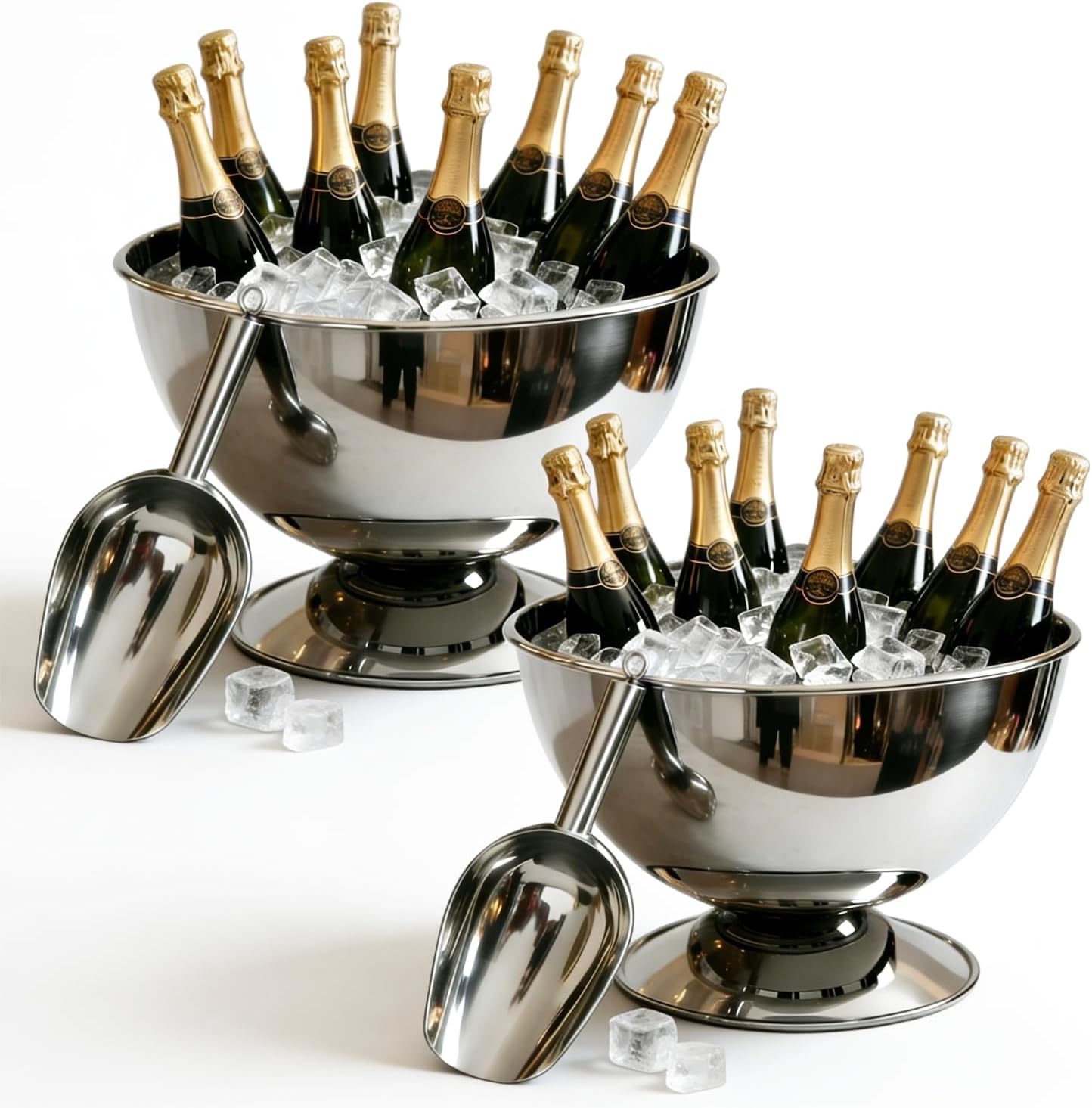 12L Large Stainless Steel Champagne Ice Bucket with Ice Scoop, Mirror Polished Punch Bowl with Detachable Stable Base, Holds Up to 10 Bottles for Parties, Weddings, Banquets and Restaurants(2 packs)