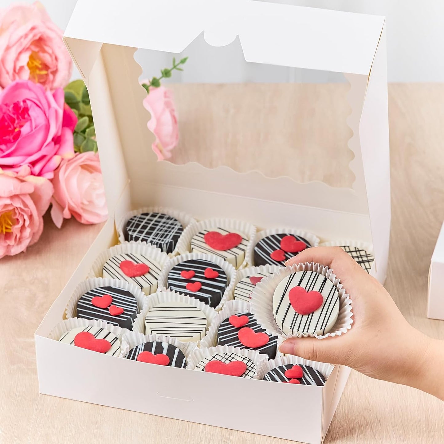 Kucoele 20 PCS Pie Boxes, 9 x 9 x 2.5 Inches Bakery Boxes with Window, Auto-Popup Cookie Boxes White Treat Boxes for Chocolate Strawberries, Pastries, Muffins, Donuts