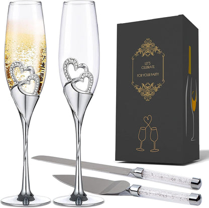 Wedding Cake Knife and Sever Set, Mr and Mrs Champagne Flutes and Cake Cutting Set for Bride Shower Engagement Gfits for Couples
