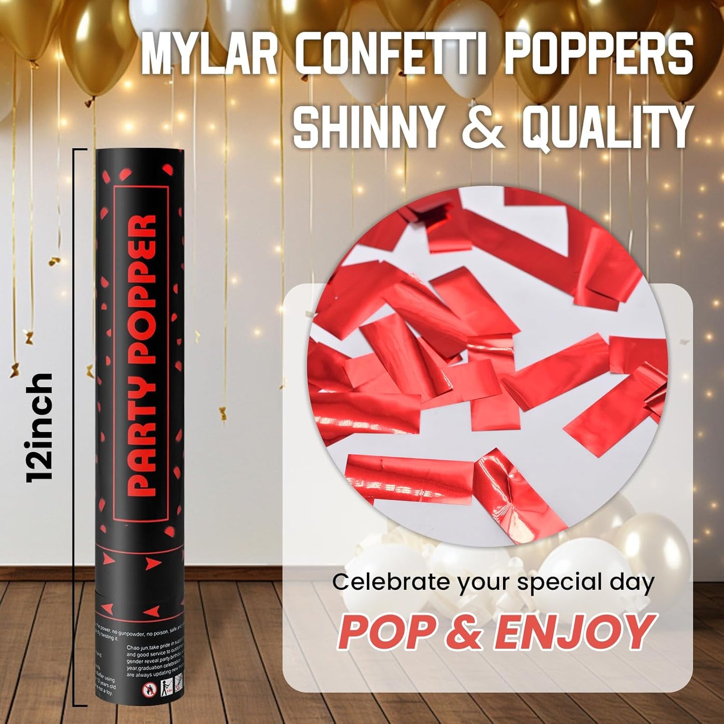 Confetti Cannon Gold Party Poppers 12 Pack Party Cannon Confetti Shooters for Celebrations Wedding Birthday Graduation Golden Foil 12 inch Confetti Poppers for Christmas New Year Eve Parties Supply