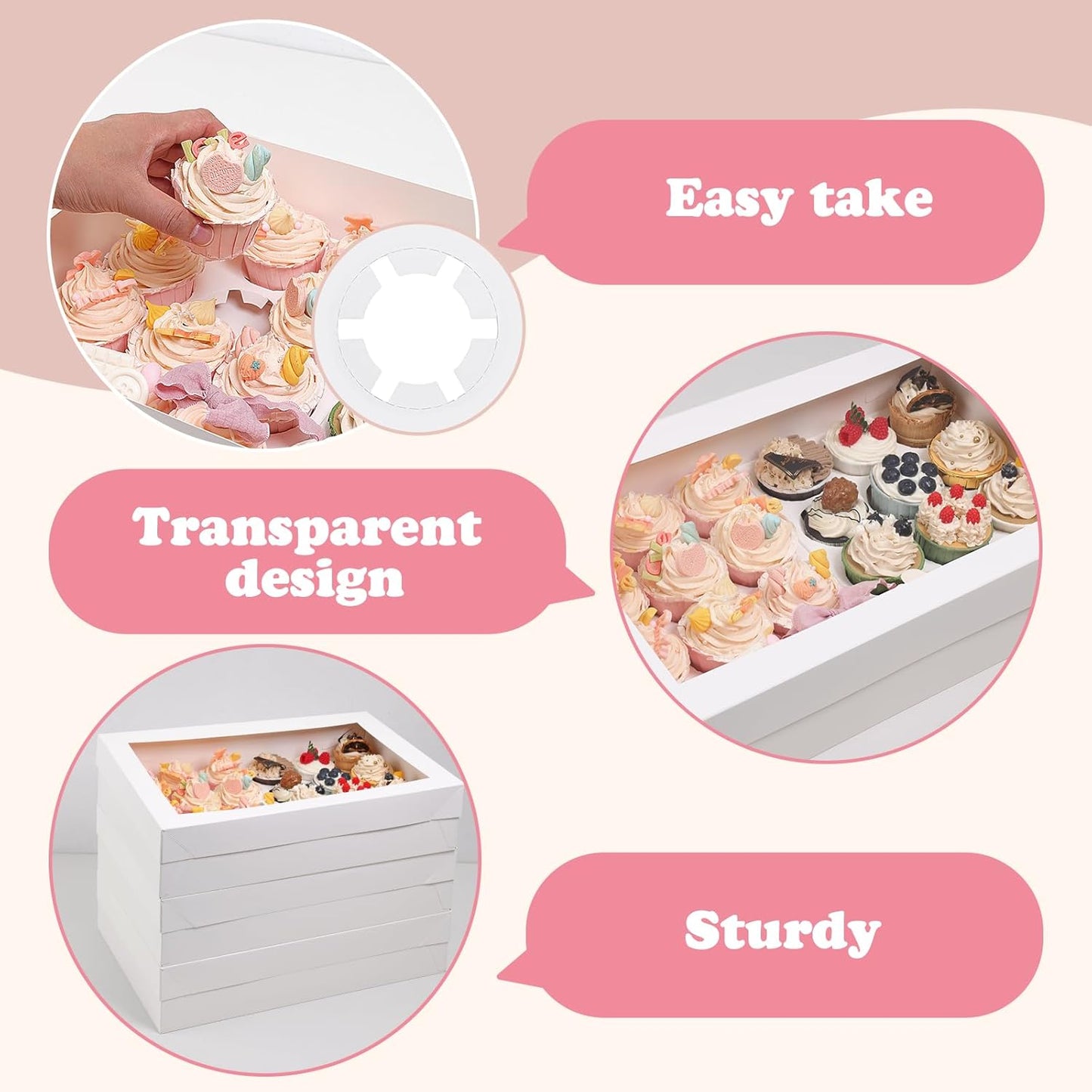 TOMNK 20pcs Cupcake Boxes, Cupcake Boxes 12 Count, 13x10x3.5 Inch White Containers Bakery Holders with Windows and Inserts to Fit Muffins, Cookies