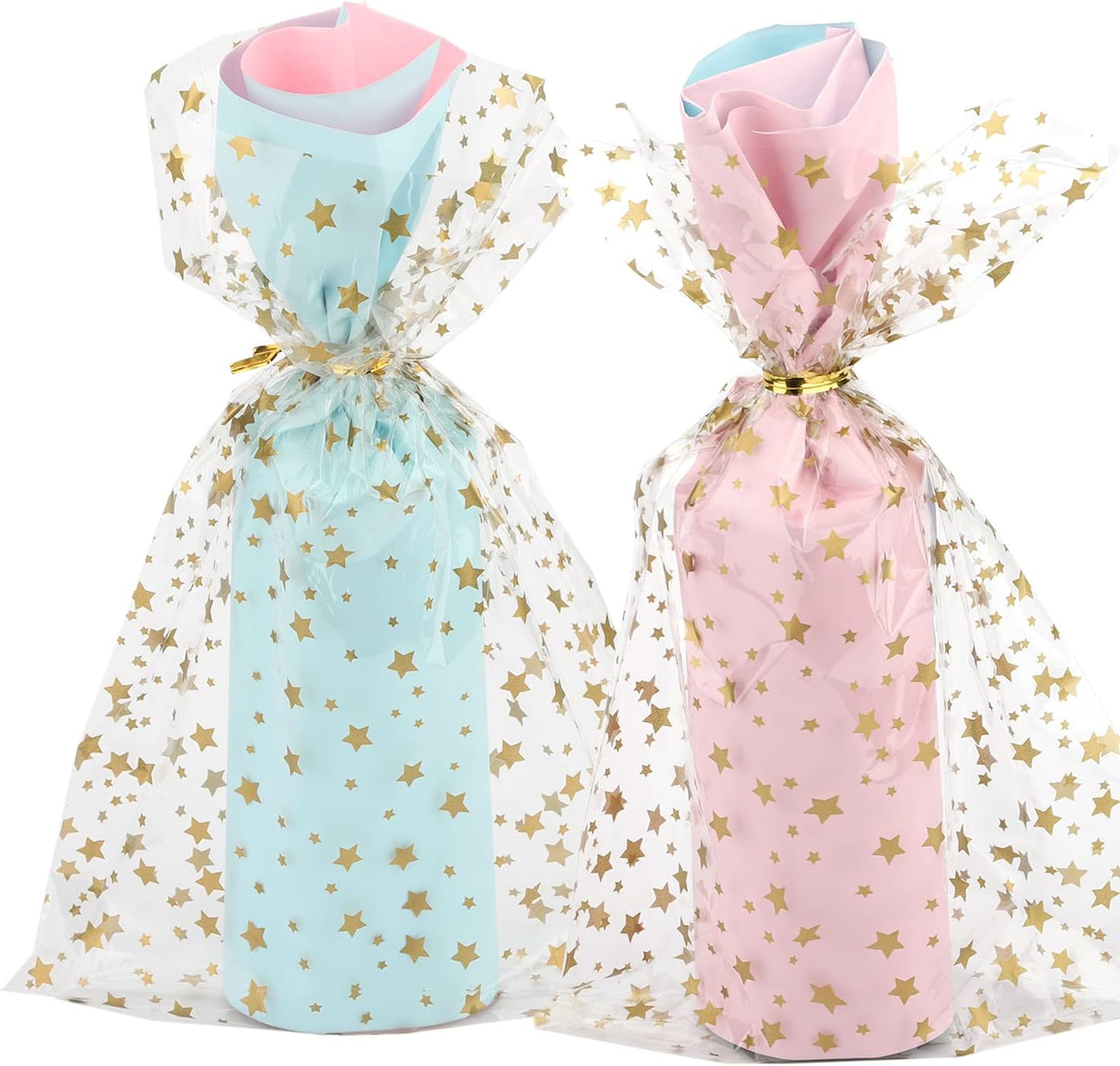 100 Pcs Star Printed 5"X 7" Gift Wrap Cello Cellophane Treat Bags Party Favor bags Clear Candy Cookie Bag Plastic Poly Goodie Storage Bag with Twist Ties for Bakery,Birthday, Wedding ,Party Decorations (Gold)