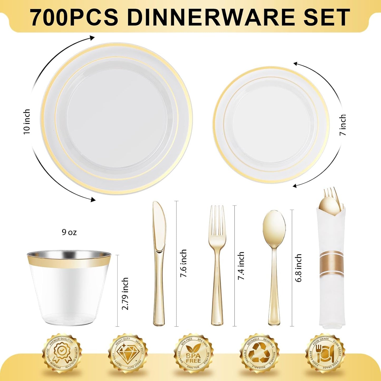 BESTVIP 350PCS Gold Plastic Dinnerware Set, Disposable Party Plates for 50 Guests, Include: 100 Plastic Plates, 50 Pre Rolled Napkins with Gold Silverware, 50 Cups