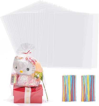 100 Pcs 10 in x 6 in Clear Flat Cello Cellophane Treat Bags Good for Bakery, Cookies, Candies,Dessert(by Brandon)1.4mil.Give Metallic Twist Ties!