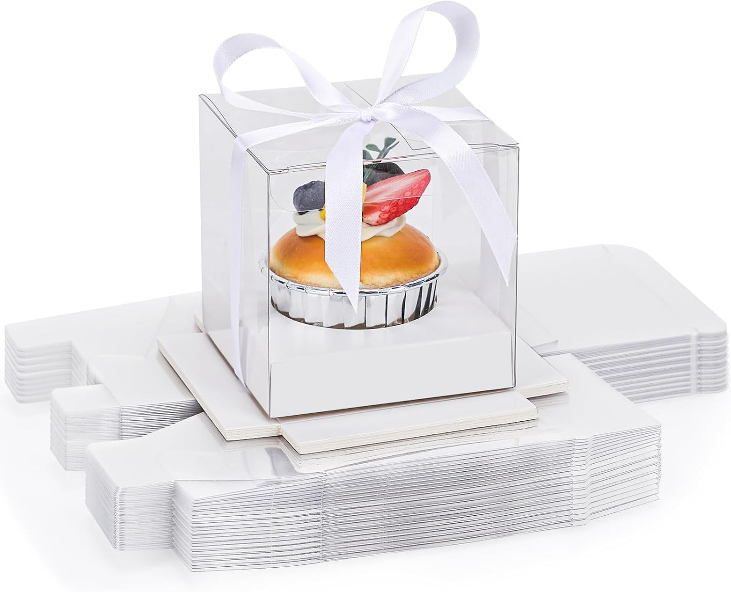 EUSOAR Individual Cupcake Holder, 50pcs 3.5 Inch Plastic Black Cupcake Containers with Lids, Single Transparent Display Clear Cupcake Carrier with Ribbon and Inserts for Wedding Party Favor