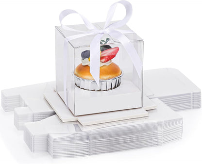 EUSOAR Individual Cupcake Holder, 50pcs 3.5 Inch Plastic Black Cupcake Containers with Lids, Single Transparent Display Clear Cupcake Carrier with Ribbon and Inserts for Wedding Party Favor