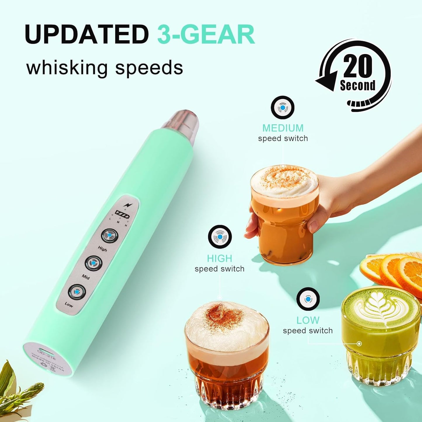 YUSWKO Black Handheld Milk Frother Wand for Coffee, Rechargeable Electric Whisk with 3 Heads 3 Speeds Drink Mixer Coffee Frother For Latte, Cappuccino, Hot Chocolate, Egg