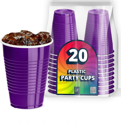 DecorRack 20 Party Cups 12 oz Disposable Plastic Cups for Birthday Party Bachelorette Camping Indoor Outdoor Events Beverage Drinking Cups (Black, 20)