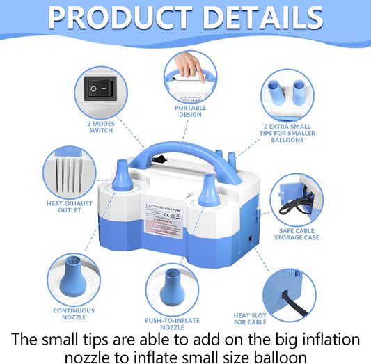 SINBEE Balloon Pump Electric Party Decorations - Electric Balloon Pump for Balloon Arch Kit, Portable Dual Nozzle Balloon Inflator