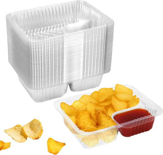 200 Pcs 12oz 6.5''x5'' Plastic Nacho Trays, Small Disposable Tray for Nachos & Cheese Dip, Clear Nacho Containers for Chip, 2 Compartment Movie Night Snack Trays Great for Snacks, Fair Foods