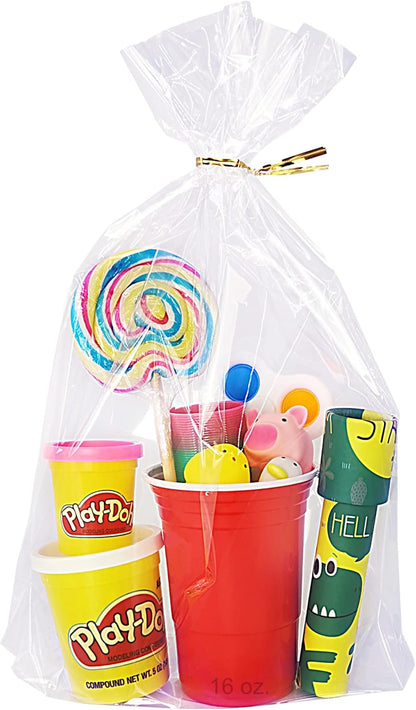 Wowfit 50 CT 8x11 inches Clear Bottom Gusset Cellophane Treat Bags with 6" Gold Twist Ties, Cello Packaging for Mugs, Dessert, Muffins, Party Favors and Gift Wrapping