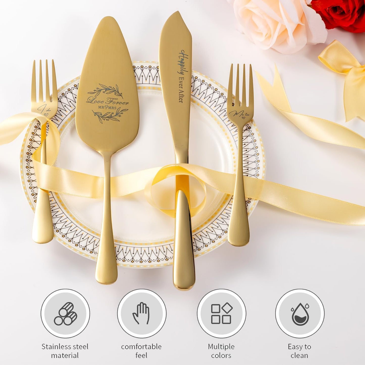 Wedding Cake Knife and Server Set of 4, Silver Cake Cutting Set for Wedding, Bridal Shower Engagement Anniversary Christmas Gifts (Silver)