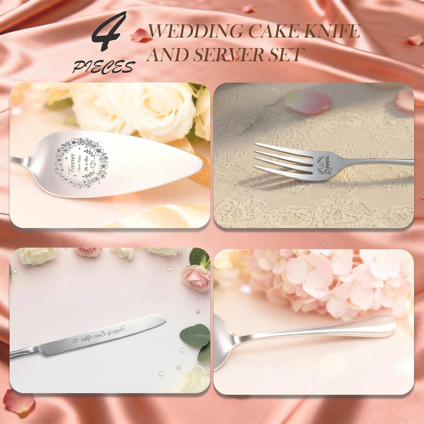 4 Piece Wedding Cake Cutting Set, Knife and Server with Forks, Elegant Wedding Cake Knife and Server Set for Bride and Groom(Gold)
