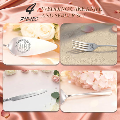 4 Piece Wedding Cake Cutting Set, Knife and Server with Forks, Elegant Wedding Cake Knife and Server Set for Bride and Groom(Gold)