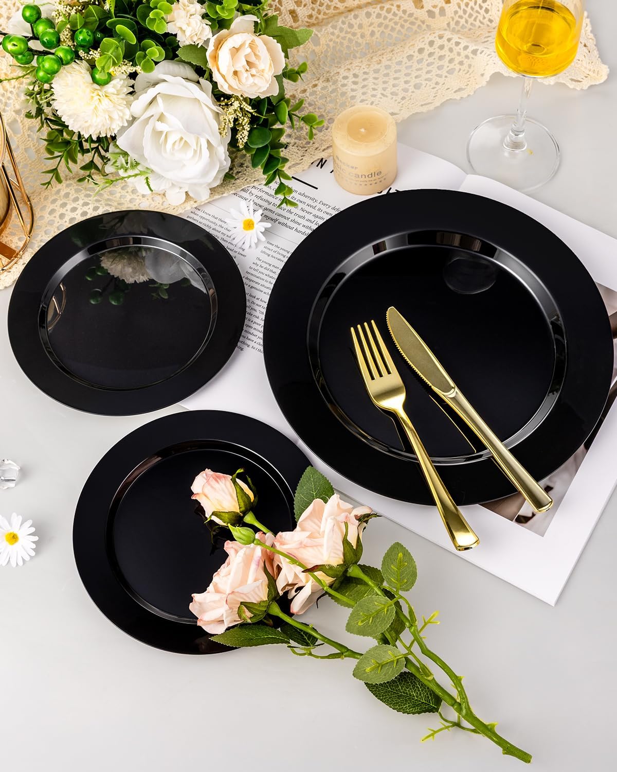 BESTVIP 200PCS Gold Plastic Plate, Disposable Party Plates with 100 Dinner Plates and 100 Dessert Plates, Plastic Plates for Party, Wedding and Birthday