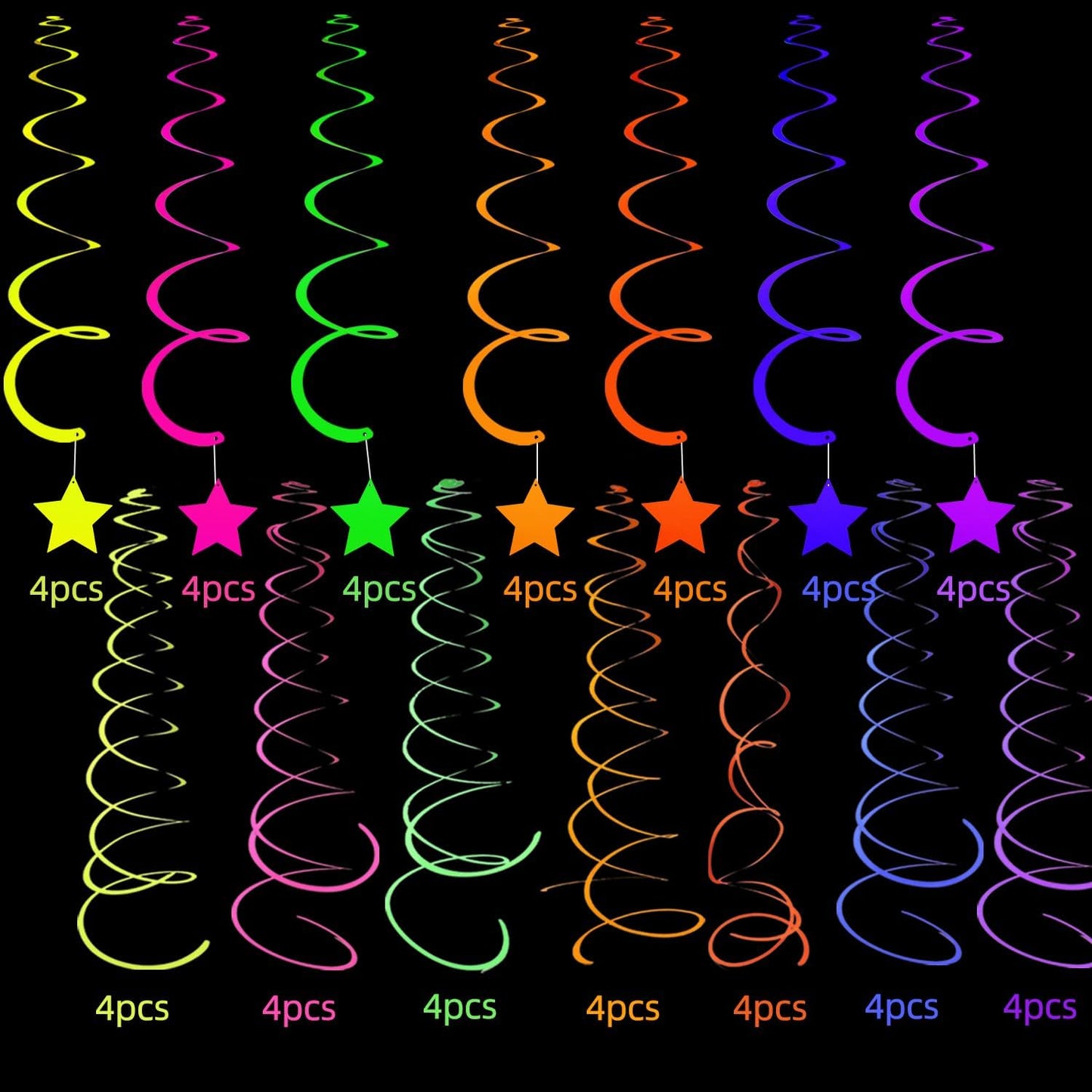 56 Pieces Rainbow Hanging Swirl Decorations Neon Swirl Streamers UV Neon Garland Ceiling Decorations Glow in The Dark Neon Party Supplies and Decorations Black Light Party Kit for Birthday Wedding