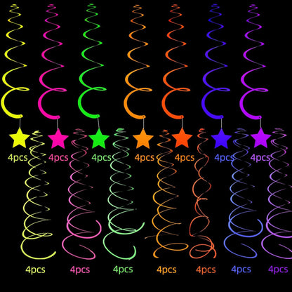 56 Pieces Rainbow Hanging Swirl Decorations Neon Swirl Streamers UV Neon Garland Ceiling Decorations Glow in The Dark Neon Party Supplies and Decorations Black Light Party Kit for Birthday Wedding