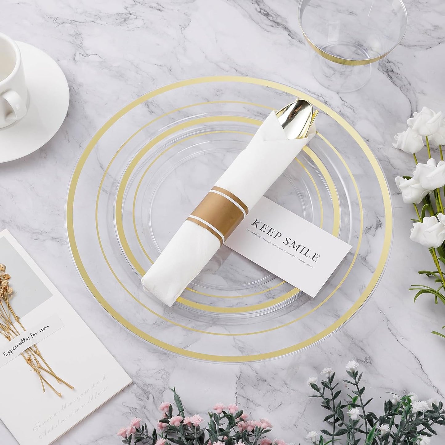 BESTVIP 350PCS Gold Plastic Dinnerware Set, Disposable Party Plates for 50 Guests, Include: 100 Plastic Plates, 50 Pre Rolled Napkins with Gold Silverware, 50 Cups