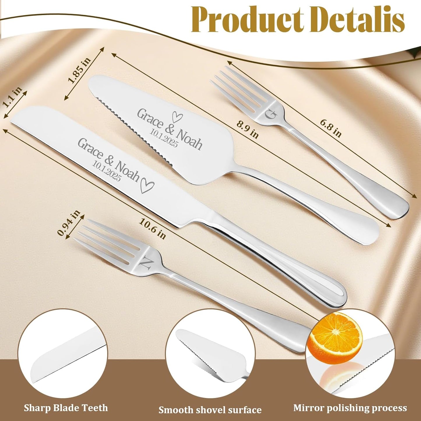 Personalized 4 Piece Cake Cutting Set for Wedding - Custom Cake Knife and Server Set with Forks, Cake Cutter Set Ideal for Wedding Anniversary Bridal Gifts (Silver)