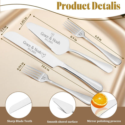 Personalized 4 Piece Cake Cutting Set for Wedding - Custom Cake Knife and Server Set with Forks, Cake Cutter Set Ideal for Wedding Anniversary Bridal Gifts (Silver)