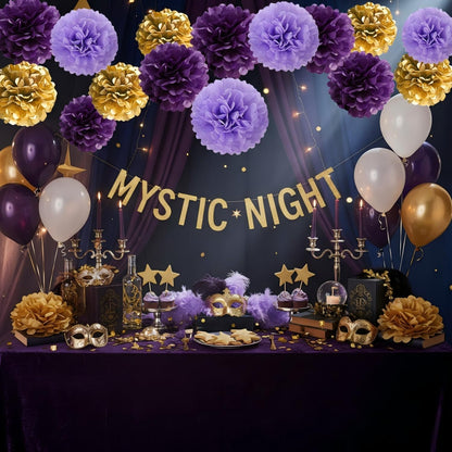 12Pcs Purple and Gold Hanging Tissue Paper Pom Poms,Pompoms Flowers for Ceiling Party Decorations(Purple,Light Purple,Gold)
