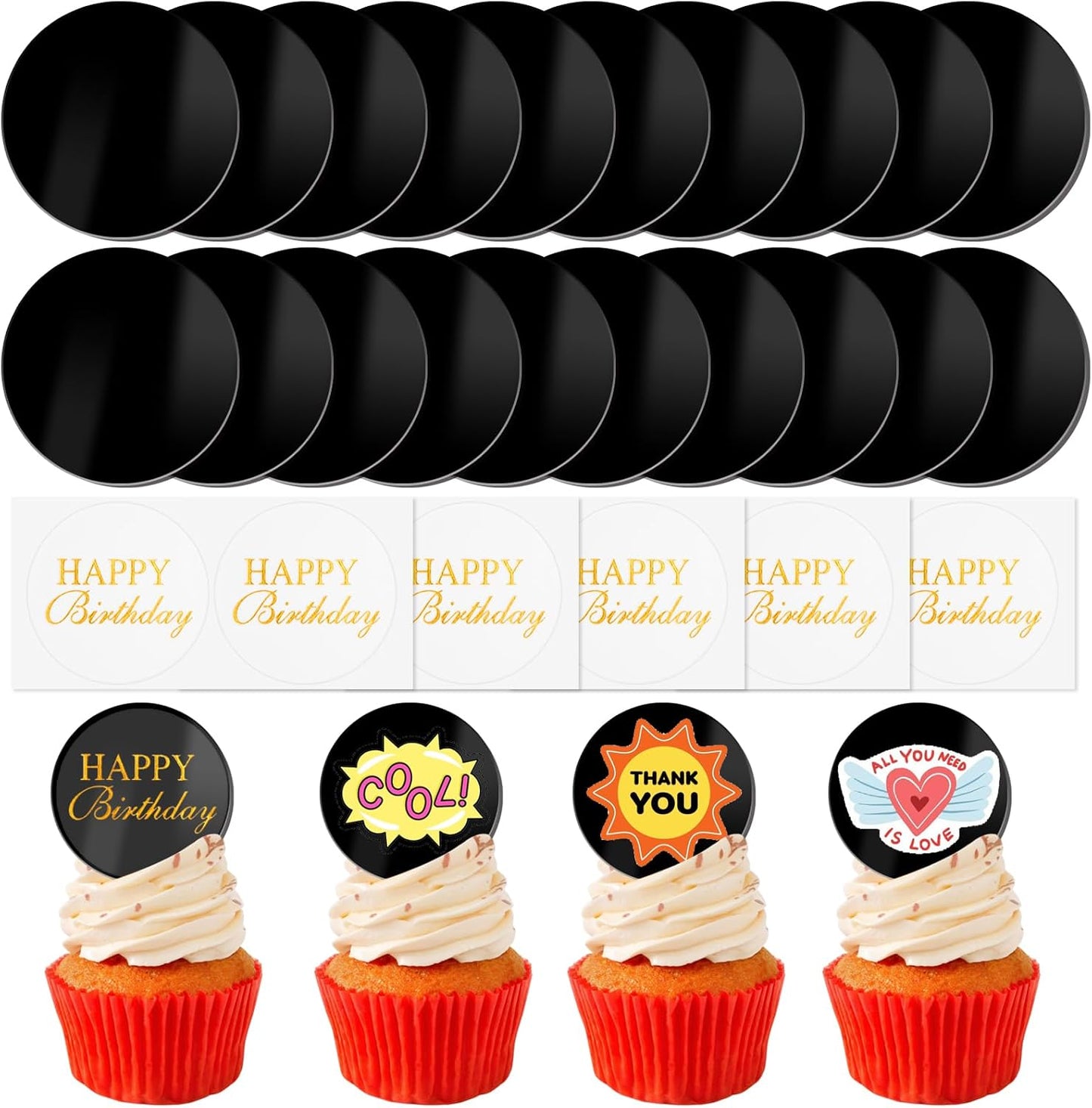20pcs Gold Mirror Acrylic Happy Birthday Cupcake Toppers Round Engraved Cake Picks Happy Birthday Cake Toppers for DIY Birthday Gift Flower Bouquet Pastries Desserts Decor