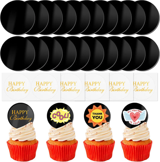 20pcs Gold Mirror Acrylic Happy Birthday Cupcake Toppers Round Engraved Cake Picks Happy Birthday Cake Toppers for DIY Birthday Gift Flower Bouquet Pastries Desserts Decor