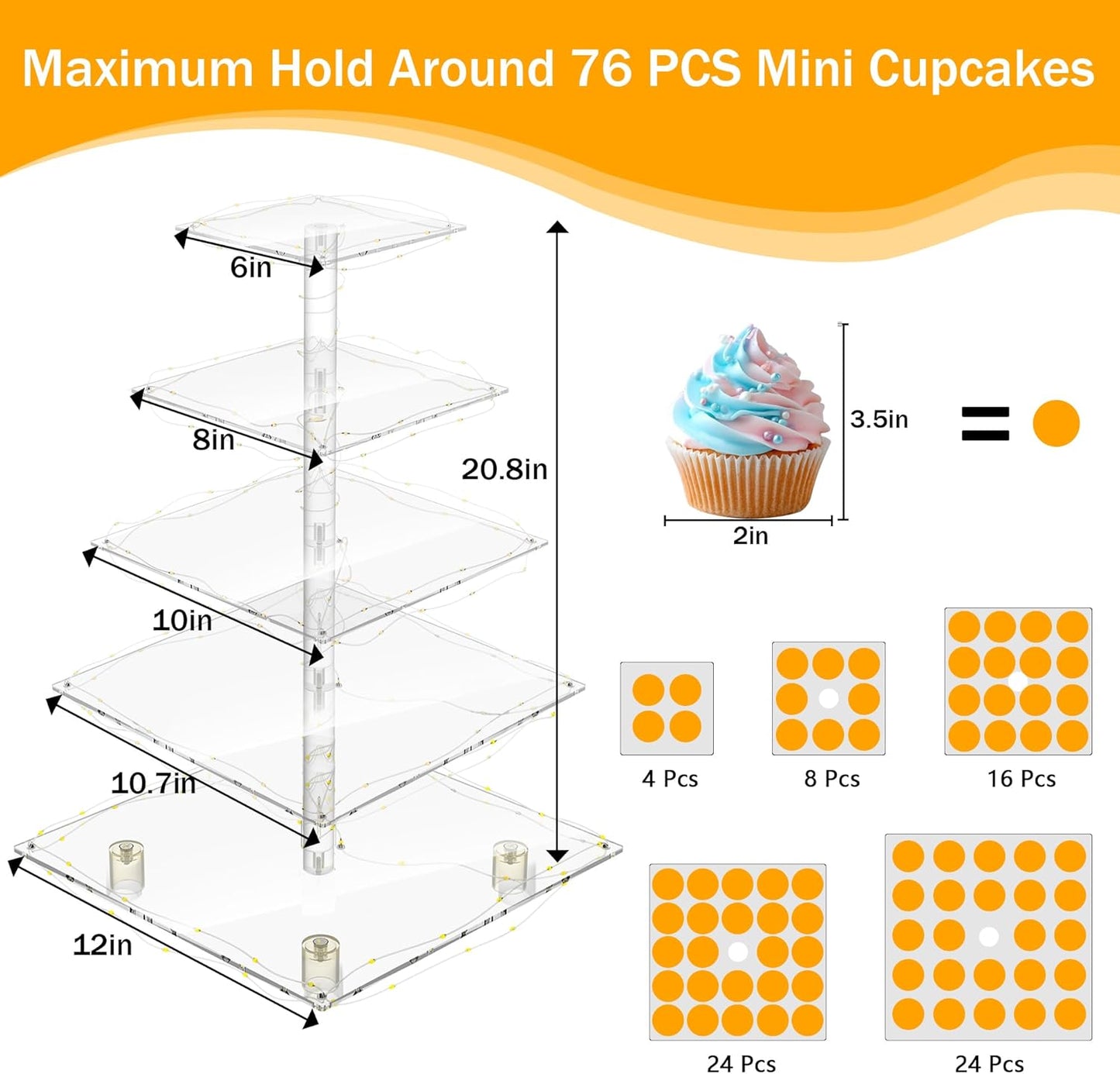 YestBuy Cupcake Stand with Yellow Led Lights, 4 Tier Cupcake Stand for 50 Cupcakes, Acrylic Cupcake Tower Stand, Clear Tiered Cupcake Holder for Birthday Cady Bar Décor Weddings, Parties Events