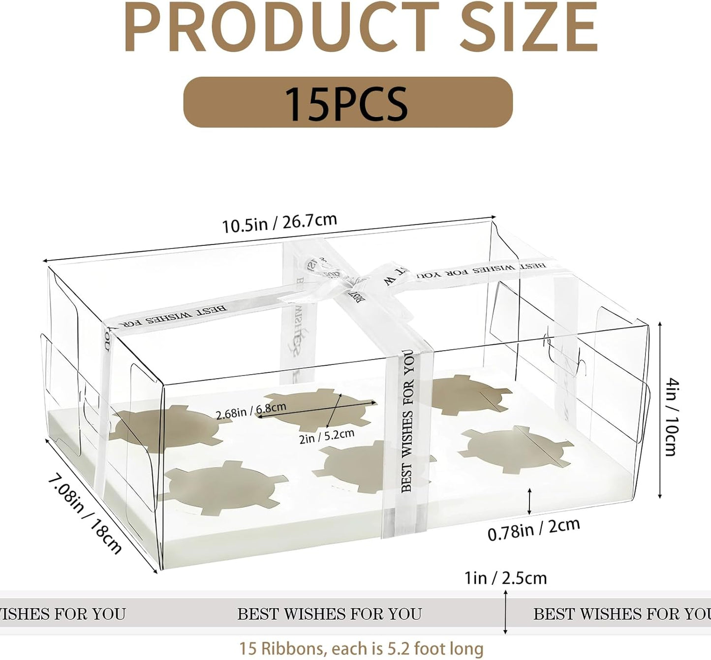 15 Pack Clear Cupcake Boxes, 6 Compartment Cupcake Container Set, Stackable Plastic Dessert Box with Gift Ribbon for Muffins, Macarons, Cookies, Dessert, Party(10.5 x 7.08 x 4 Inches)