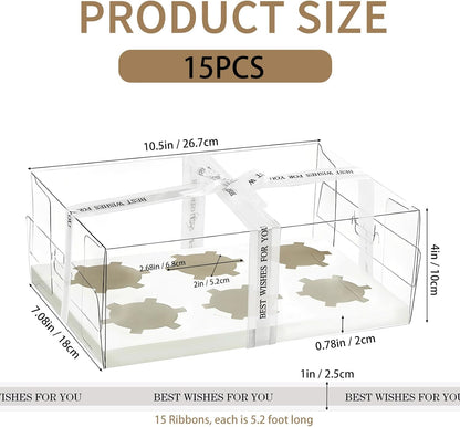 15 Pack Clear Cupcake Boxes, 6 Compartment Cupcake Container Set, Stackable Plastic Dessert Box with Gift Ribbon for Muffins, Macarons, Cookies, Dessert, Party(10.5 x 7.08 x 4 Inches)