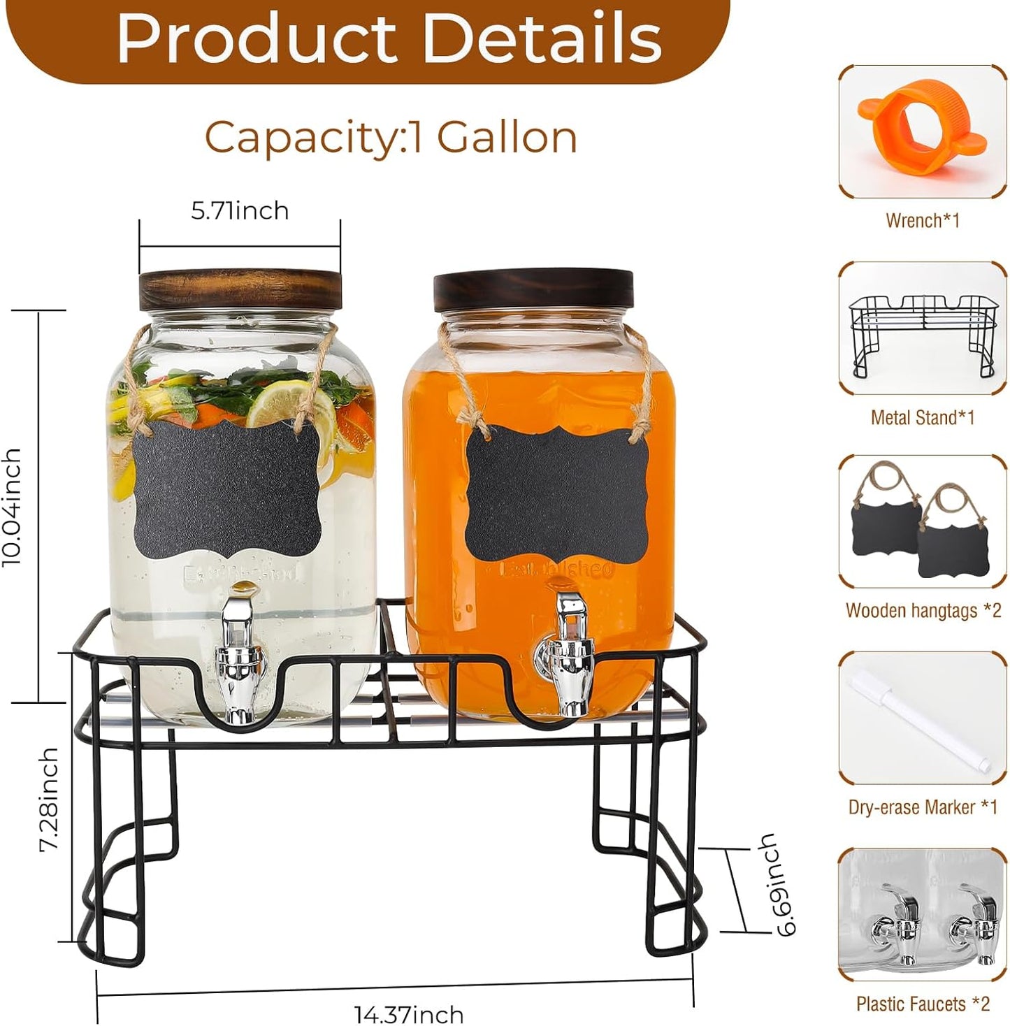 1 Gallon Glass Drink Dispensers, 2 Pack Clear Beverage Dispenser with Stand and Spigot for Parties, Drink Dispenser with Ice Core and Sticker for BBQ, Picnic, Lemonade Dispenser