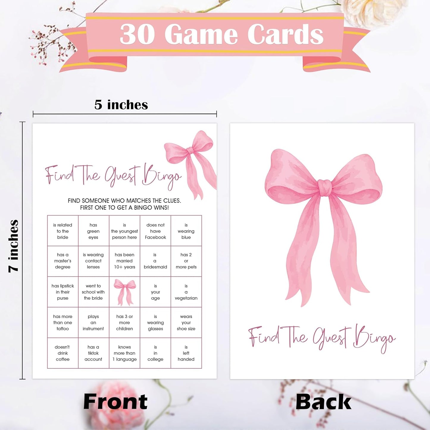 Pink Bow Bridal Shower Bingo Game with Blank Squares, Pack of 30 Game Cards, Bridal Shower Decorations, Wedding Engagement Decor, Bachelorette Party Supplies - KR05