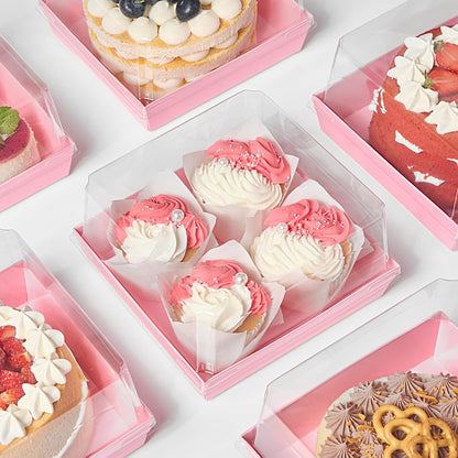 ZORRITA 7 x 7 x 4 Inches Paper Cake Boxes with Clear Lids, 20 Pack Disposable Charcuterie Boxes Square Food Containers for 4-6 Inch Cake, Dessert, Pie, Cupcake, Bakery (Pink)
