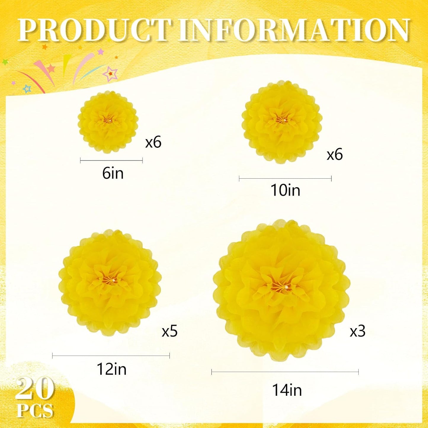 20 PCS Orange Tissue Paper Pom Poms, Tissue Pom Poms Flowers, Sizes of 6", 10", 12", 14" Hanging Paper Flower Ball for Wedding, Birthday, Halloween, Christmas, Baby Shower Party Decor