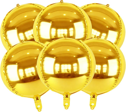 Metallic Gold Round Foil Balloons, 22" Large 4D Sphere Mylar Ball Balloons 6PCS, for Graduation Prom Birthday Wedding Anniversary Disco Party Decorations