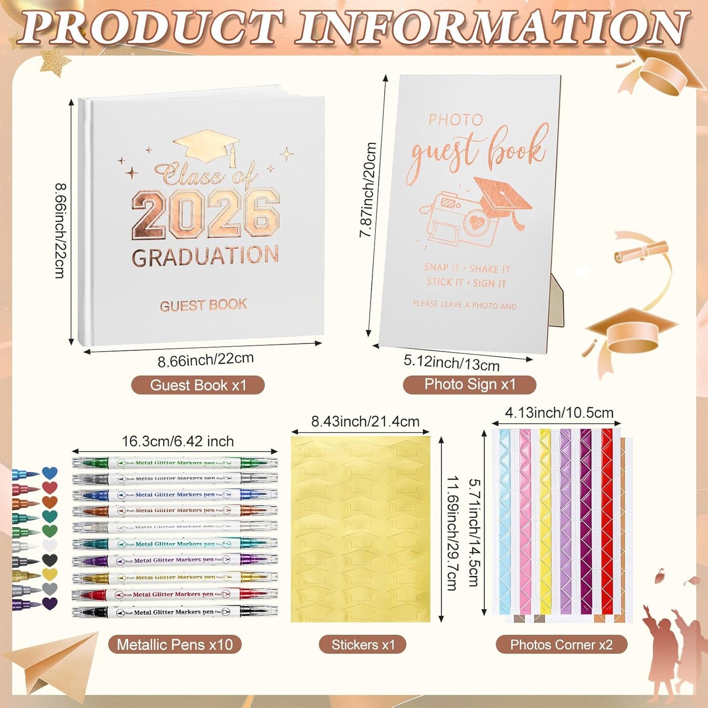 Pajean Graduation Guest Book Set Class of 2026 Memory Scrapbook with Photo Guest Book Sign Dual Tip Pens Photo Corner Stickers Grad Cap Stickers for Grad Party Decorations Supplies Gifts (Black)